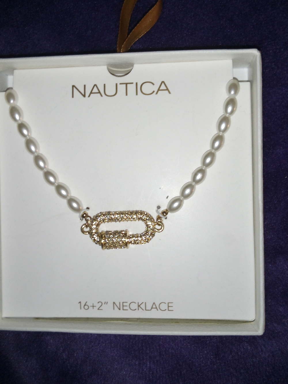 Nautica Gold-Tone Crystal Link and White Pearl Necklace